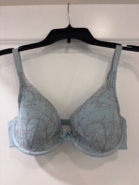 Panache 34DD Light Blue Mesh Bra with Floral Lace Detailing